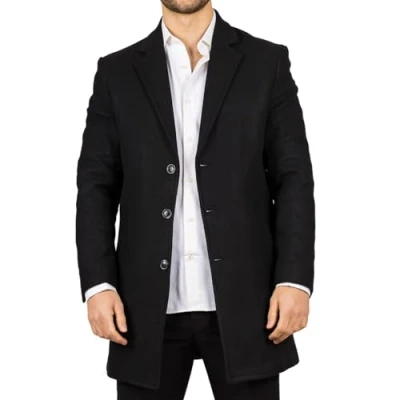 Image of Men&#039;s Overcoat Notched Lapel Collar Wool Blend Classic Trench Coat Winter Jacket Black XXL