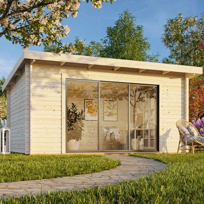 Image of Palmako Lea 4.9m x 4m Log Cabin Garden Office Sliding Doors (44mm)