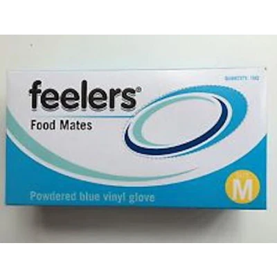 Image of 100 (1 box) Disposable Gloves Powder Free Blue Vinyl Feelers Food Mates (Medium)