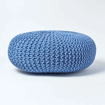 Image of HOMESCAPES Blue Knitted Pouffe Footstool Occasional Seat Bean Filled 100% Cotton for Living Room Children or the Elderly