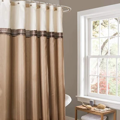Image of Lush Decor Beige/Ivory Terra Color Block Shower Curtain Fabric Striped Neutral Bathroom Decor, Inch, 72&quot; W x L