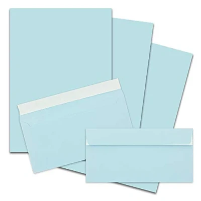 Image of FarbenFroh by Gustav Neuser 50 x A4 Writing Paper Sets with DIN Long Envelopes, Adhesive Seal, Light Blue, Matte Envelopes