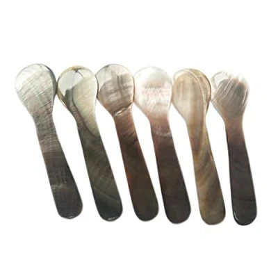 Image of DUEBEL Set of 6 Mother Pearl MOP 7cm x 2cm Sea Shell Spoons for Caviar, Egg, Icecream, Coffee Serving (Black Spoon)