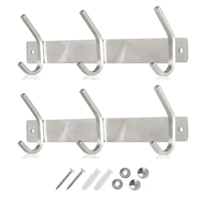 Image of GlazieVault Coat Hooks Wall Mounted Rack (Pack 2) Heavy Duty Stainless Steel Hangers Clothes