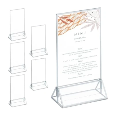Image of Relaxdays Table Stand, Set of 6, DIN A6, Wedding, for Menu Photos, Acrylic Card Holder, Transparent/Silver, 19 x 11 6 cm