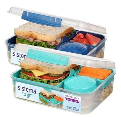 Image of Sistema TO GO Bento Box Cubes 1.65 L School Lunch Boxes With Compartments &amp; Snack Pots BPA Free 2 Count Minty Teal Ocean Blue