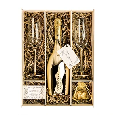 Image of Bottega Gold Prosecco DOC 75cl Gift Set Hamper With 2 Metallic Champagne Flutes, Chocolates and Box Anniversary, Thank You For Him Her (Metallic Stems)