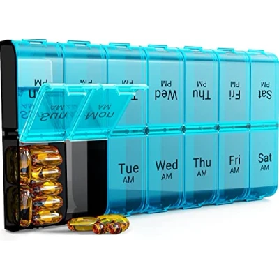 Image of 7 Day Extra Large Pill Organizer 2 Times a Day, Weekly Box Twice XL AM PM Case, Oversized Daily Medicine for Vitamin, Big Container, Medication Dispenser (Cyan)