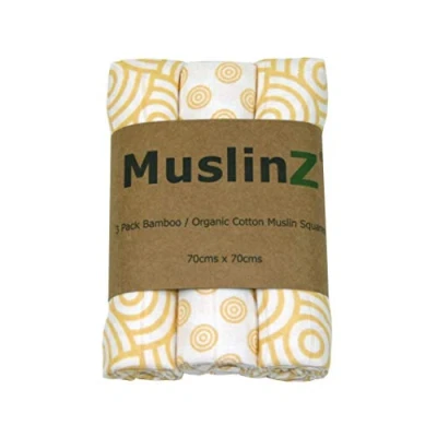 Image of MuslinZ 3PK Bamboo/Organic Cotton Muslin Squares, Burp Cloths 70 x 70cm (Gold Swirl)