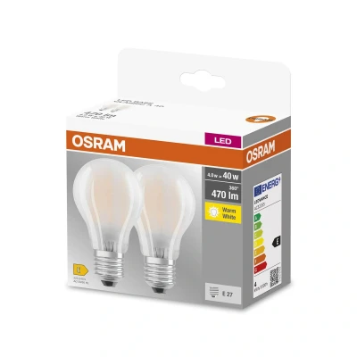 Image of OSRAM Base Classic A Glfr 40 Led Lamp with E27 Base, Bulb Shape, Twin Pack, 4W, 470Lm, 2700K, Warm White Light, Low Heat Output, Long Life, Energy Consumption