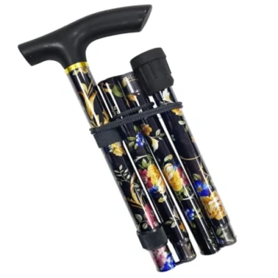 Image of VIROSA Black Floral Walking Stick, Lightweight Foldable, Extendable Adjustable Cane Flexible and Durable Aid Mobility Collapsible Stick