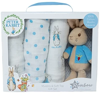 Image of Peter Rabbit Gift Set Unisex Beatrix Potter Soft Toy and Muslin