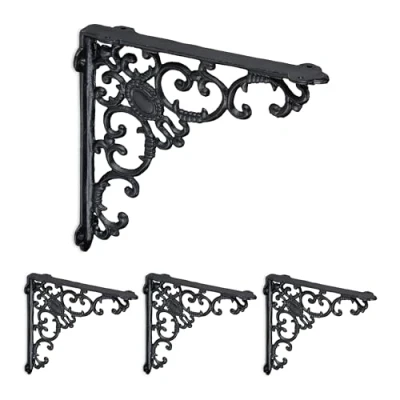 Image of Relaxdays Shelf Brackets, Set of 4, Cast Iron, Antique Style Supports, for Wall Mounted Shelves, 21.5x4x21.5 cm, Black