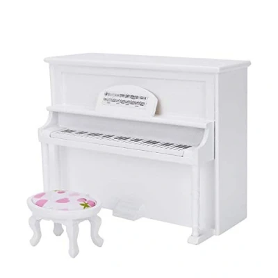 Image of Mini Piano Set For Doll House, Simulation Stand With Of Stools Model Accessories House(White)