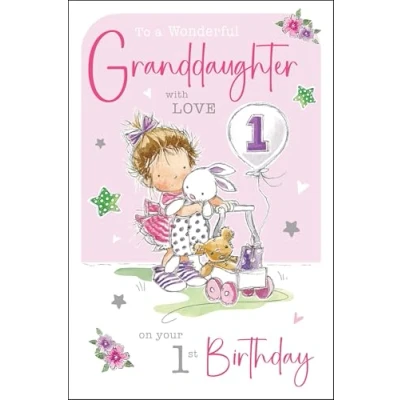 Image of Jonny Javelin Wonderful Granddaughter 1st Birthday Card Happy Age 1 with Girl and Teddy Bear Design Foil Flitter Details for Children