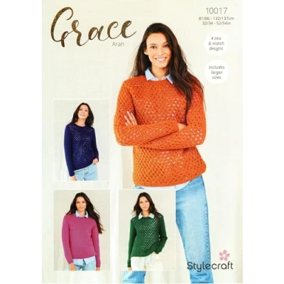 Image of Stylecraft Grace Aran Knitting Pattern 10017 Ladies Sweaters (4 Styles)