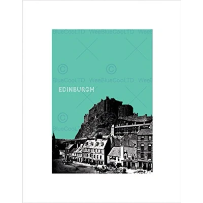 Image of Wee Blue Coo Cityscape Edinburgh B&amp;W Scotland Turquoise Vintage Old Wall Art Print