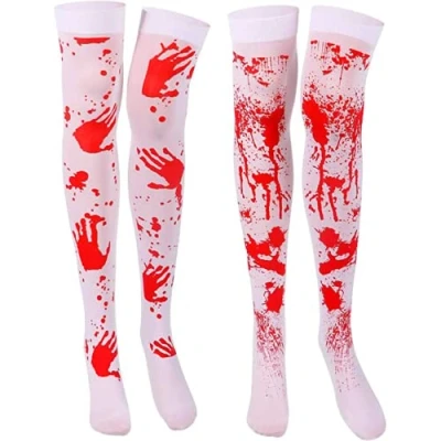 Image of Women Stockings High Socks For Halloween Cosplay Costume, 2 Pairs Fake Blood Tube Zombie Schoolgirl Fancy Dress，Ladies Stained Costume (70cm)