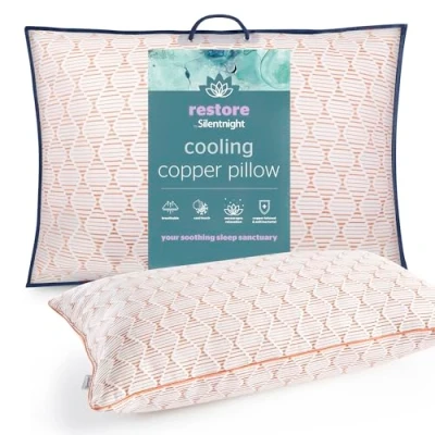 Image of Silentnight Restore Cooling Copper Pillow Naturally Cool Cold Infused for Night Sweats and Hot Flushes Anti Bacterial Ageing Pack of 1