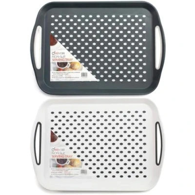 Image of DIVCHI 2x Set of Anti Slip Rectangular Non Top and Bottom Plastic Dinner/Drinks Serving Tray with High Grip Rubber Surface, Easy Handles Black,Grey &amp; White Random Colour (Grey White)