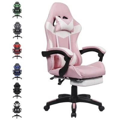 Image of Neo Executive PU Leather Massage Sport Racing Gaming Home Office Computer Chair Lumbar Back Support Footrest (Pink)