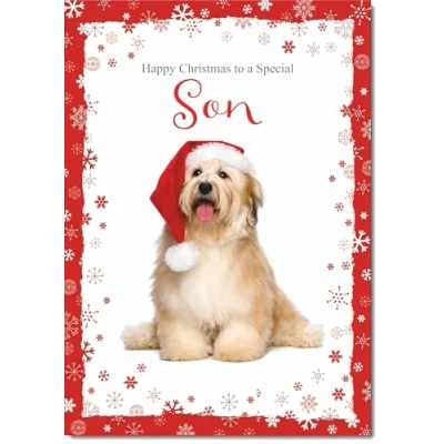 Image of doodlecards Son Christmas Card Dog with Santa Hat Medium Size for Plain Envelope