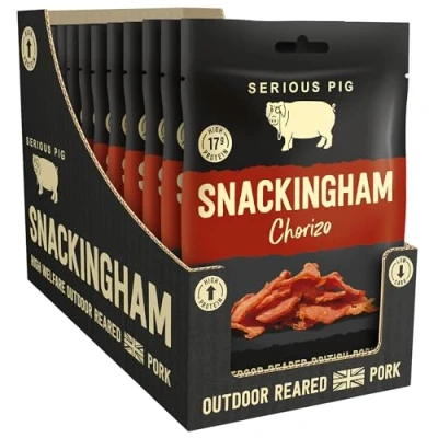 Image of SERIOUS PIG Snackingham &#039;Chorizo&#039; Cured Pork Snack 12 Pack High Protein Savoury Pub Snacks
