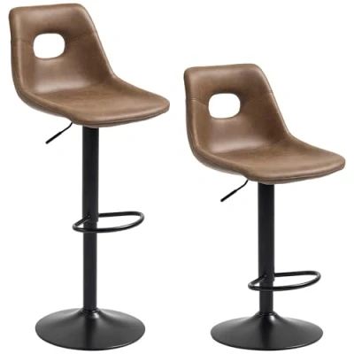 Image of HOMCOM Bar Stools Set of 2, Adjustable Breakfast Dining with Backrest, Footrest, Microfiber Cloth Kithchen Island Counter, Brown