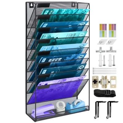 Image of TSDRBWO 9 Tier A4 Mesh in Tray Hanging Wall File Holder Magazine Document Mail Organiser Storage Rack,Durable Metal Filing Letter Trays Desktop Organizer