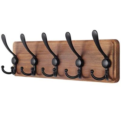 Image of SKOLOO Coat Rack Wall Mounted Wooden, Heavy Duty, Rustic Hooks for Wall, 16&#039;&#039; Hole to Hole, with 5 Triple Hanging Clothes, Jacket, Hat(Brown)