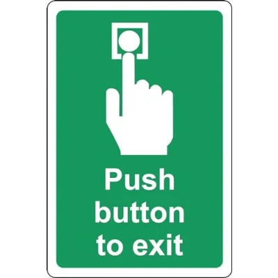 Image of Push button to exit Safety sign Self adhesive sticker (150mm x 100mm) Case (Pack of 10)