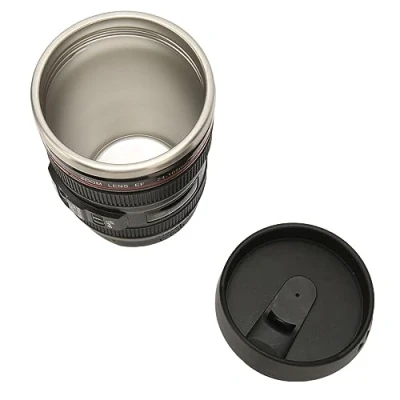 Image of Camera Lens Coffee Mug, Multipurpose Stainless Steel Mug Portable for Travel (Black)