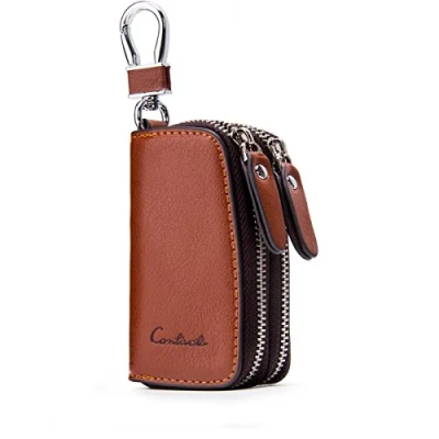 Image of Contacts Genuine Leather Car Key Case Holder Double Zipper Keychain Coin Purse Brown