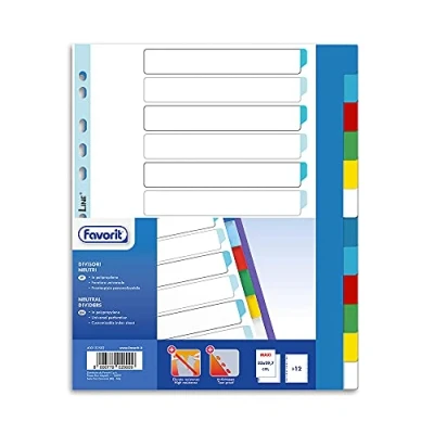 Image of Favorit 400132502 Universal Hole Dividers for Ring Binders with 12 Coloured Neutral Notes, Inner Size 23 x 29.7 cm Polypropylene (Non Toxic Plastic)