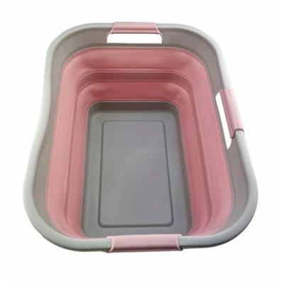 Image of SAMMART 30L Collapsible Plastic Laundry Basket Foldable Pop Up Storage Container/Organizer Portable Washing Tub Space Saving Hamper/Basket (1, Grey/Pale Pink)