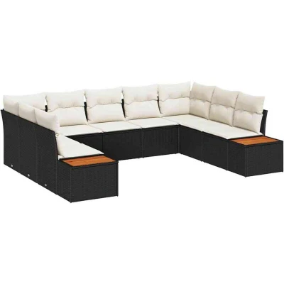 Image of vidaXL 9 Piece Garden Sofa Set with Cushions Black Poly Rattan &amp; Acacia