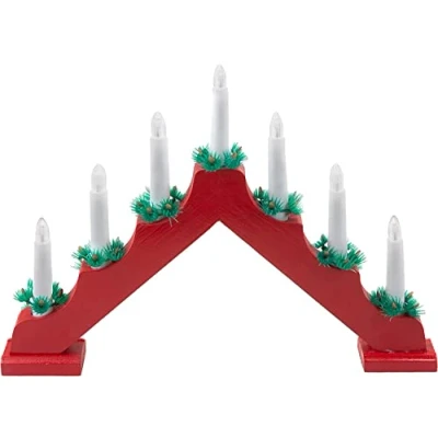Image of VFM Red Wooden Candle Bridge 7 LED Battery Powered Traditional Christmas Decoration Light for Window Sill Or Mantlepiece with Festive Foliage Trimming
