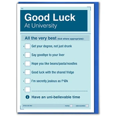 Image of Brainbox Candy Funny Good Luck University Card &#039;All The Very Best…&#039; Tick Box Cheeky Joke Humour Cards Novelty For Him Her Son Daughter Friends Mates