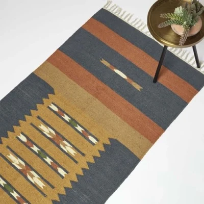 Image of HOMESCAPES Orange &amp; Blue Handwoven Kilim Rug Carpet Runner for Hallway 80 x 180 cm Traditional Geometric ‘Lundi’ Jute Cotton with Tassels