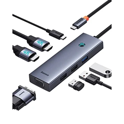 Image of Docking Station Dual Monitor, Baseus 7 in 1 Laptop 3 Monitors, USB C HUB with 4K HDMI, VGA, 100W PD, for iPhone 15/MacBook/Dell/HP