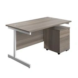 Image of 1400X800 Rectangular Desk Grey Oak White &amp; 3 Drawer Pedestal Bundle