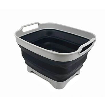 Image of SAMMART 7.5L Collapsible Dishpan with Draining Plug Foldable Washing Basin Portable Dish Tub Space Saving Kitchen Storage Tray (Grey/Slate Grey, 1)