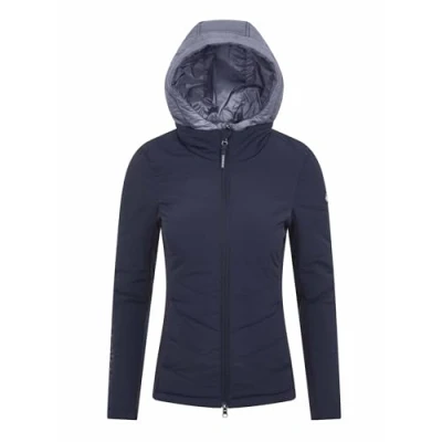 Image of LeMieux Brioney Hybrid Jacket 2 in 1 Zip Out Hood Front Panel Zipped Pockets Insulated Quilted Woven Baffles Durable Water Repellent Coating Navy UK 8