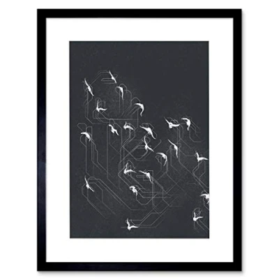 Image of Wee Blue Coo Flock Of Birds Silhouette Lines Artwork Framed Wall Art Print 12X16 Inch