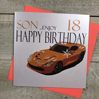 Image of WHITE COTTON CARDS Orange Sports Car Son 18 Happy Enjoy Handmade 18th Birthday Card, N62 S18