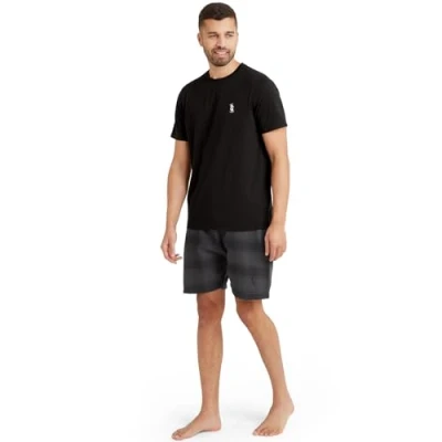 Image of Snuggaroo Mens Short Sleeve T Shirt Check Shorts Pyjama Set Black/Char M