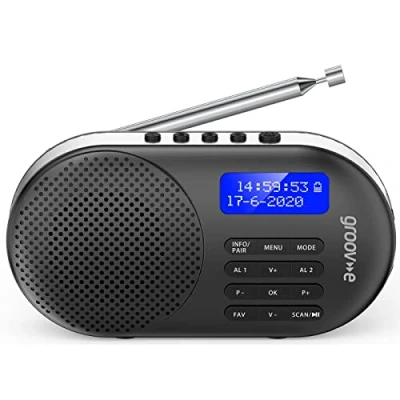 Image of Groov e Milan Rechargeable DAB &amp; FM Digital Radio Built In Alarm Clock Bluetooth Connectivity LCD Display USB or Battery Operated Portable 60 Preset Stations Black
