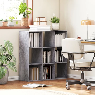 Image of HOMCOM 3 Tier Bookshelf, Modern Cube Bookcase with 9 Open Storage Compartments, Freestanding Display Unit for Living Room, Bedroom, Study, Marble Grey