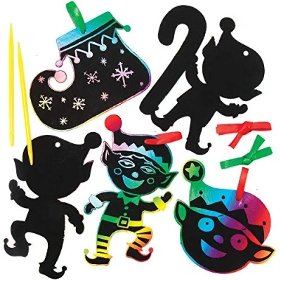 Image of Baker Ross Christmas Elf Scratch Art Decorations Pack of 10 Decoration Craft Kit for Kids, Festive Activities Children (AX395)