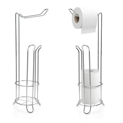 Image of Crystals Toilet Roll Holder Free Standing Chrome, Upto 4 Storage No Drill Chrome Stand, Stainless Steel (RollRack)